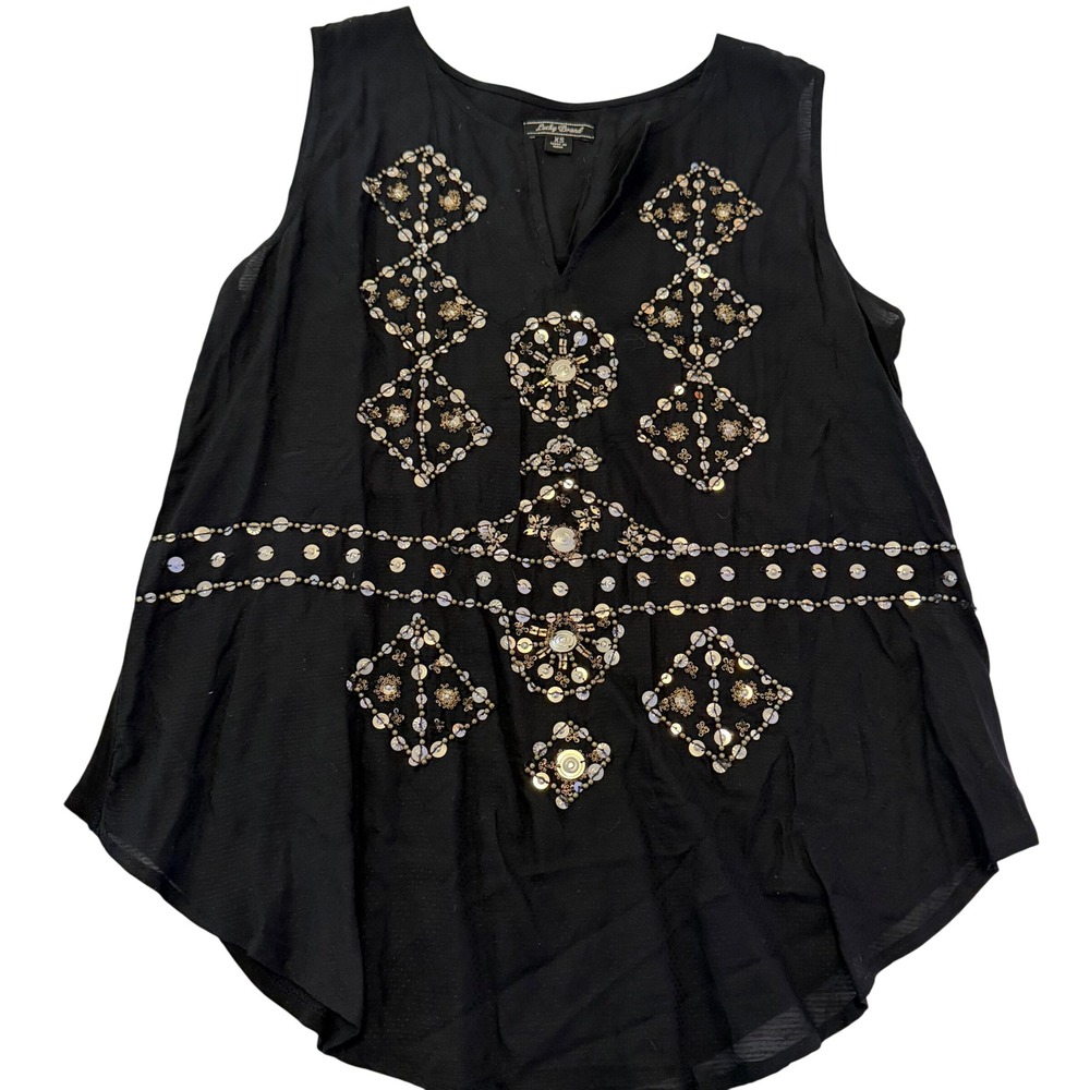 Lucky Brand Black Sequin Embellished Sleeveless Boho V-Neck Top XS
